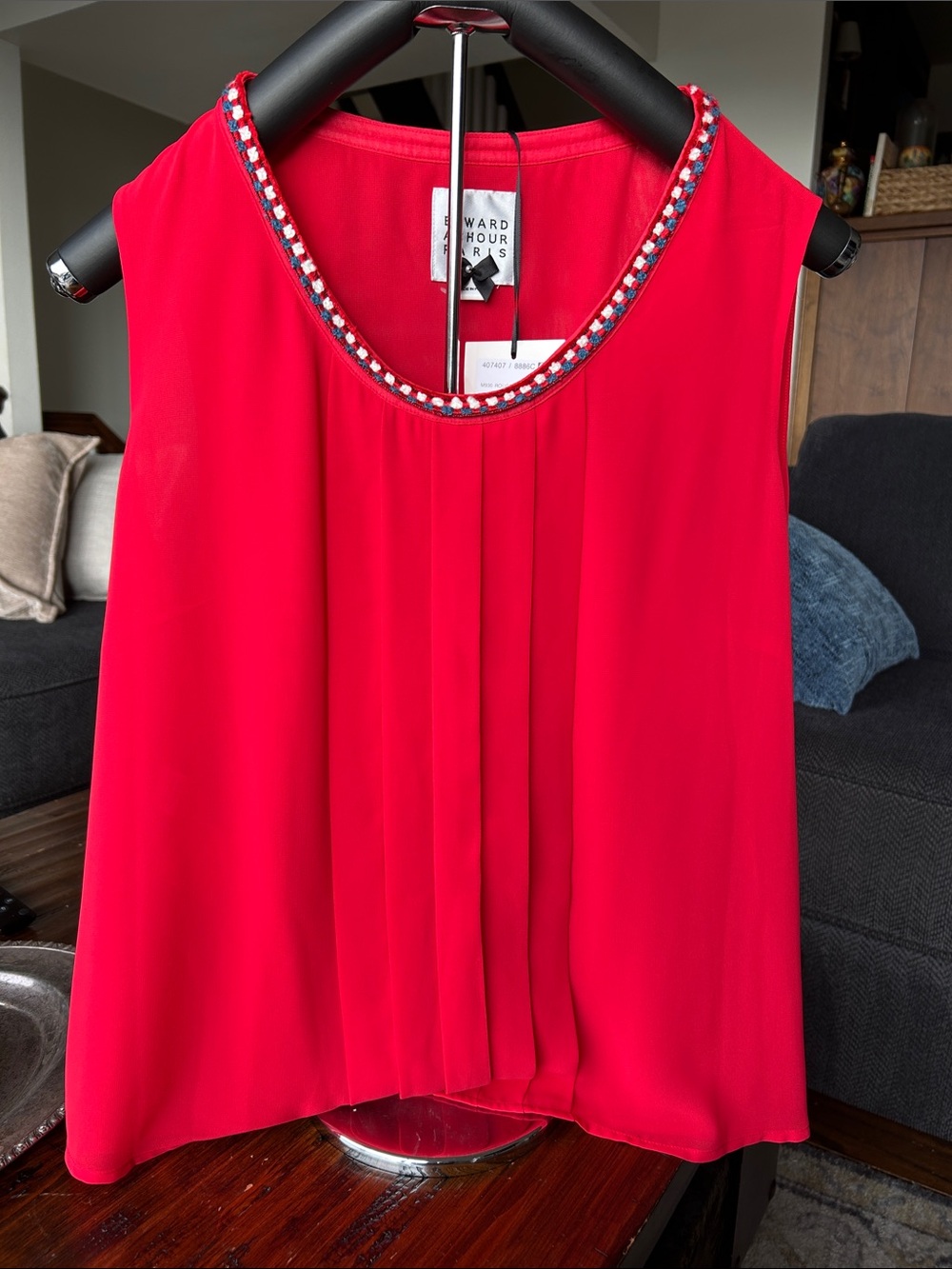 Edward Achour Red Beaded-Neck Pleated Camisole